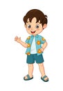 Cartoon little boy in summer clothing waving hand