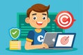 A cheerful cartoon character focuses on a laptop while surrounded by copyright symbols and a shield, Customizable cartoon