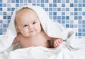 Cute smiling baby kid after bathing in bathroom