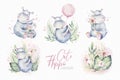 Hand drawn cute isolated tropical summer watercolor hippo animals. hippopotamus baby and mother cartoon animal