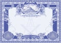 Horizontal form for creating certificates, diplomas, bills and other securities. Classic design with Masonic symbols, in blue.