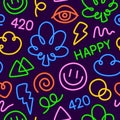 Neon Lights 420 Cartoon Doodle Weed Seamless Vector Pattern for Cannabis Dispensary or Medical Marijuana Products