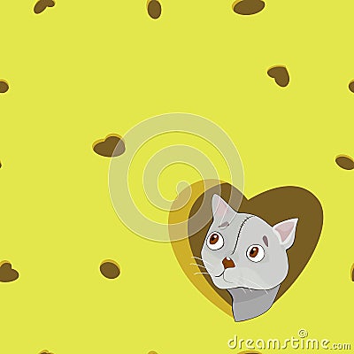 Cartoon grey cat in the heart on cheese background. Vector Illustration