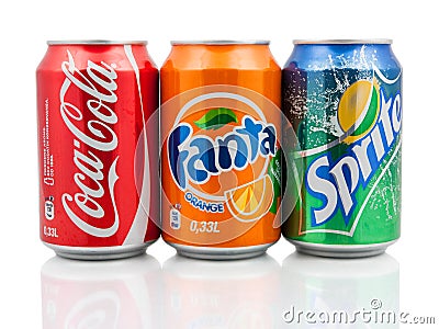 Coca-Cola, Fanta and Sprite cans Editorial Stock Photo