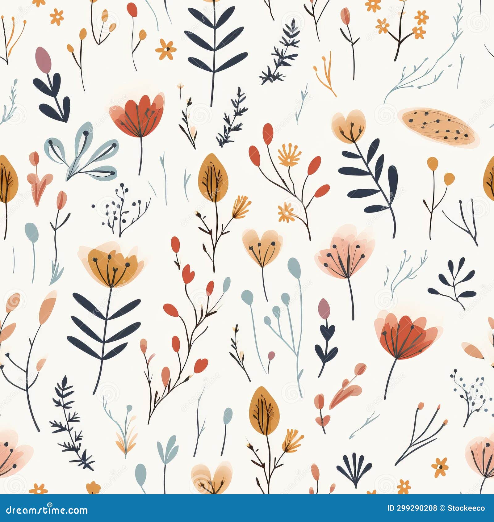 Whimsical Earthy Floral Pattern on White Background Stock Illustration ...