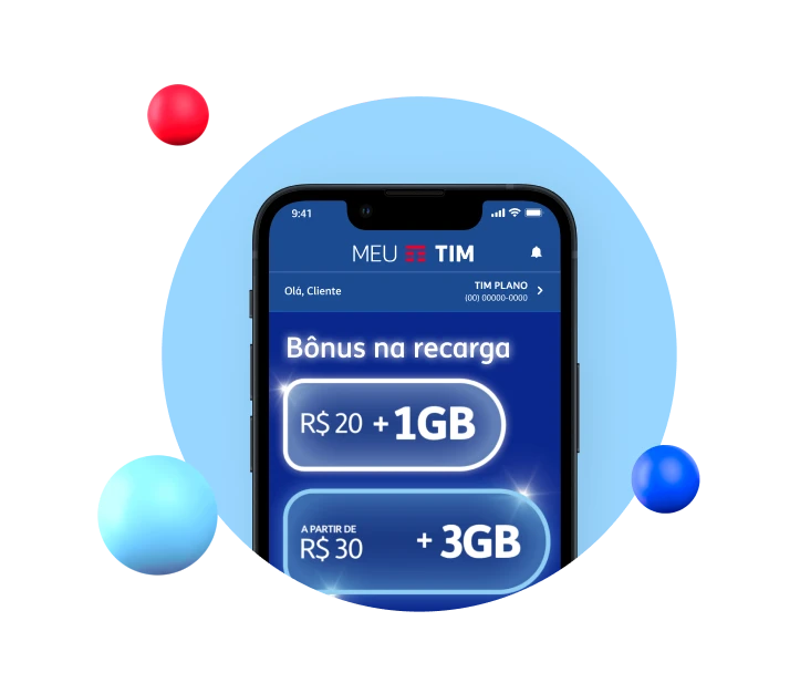 Tela inicial do app Meu TIM com bônus de 2GB e 3GB em recargas a partir de R$20 e R$30 