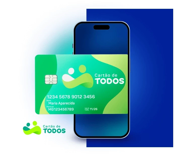 Cartão do Cartão de TODOS acima de celular e logotipo do serviço ao lado