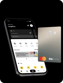 Celular com plano TIM Black Empresa aberto no aplicativo C6 Bank. Ao lado, cartão de crédito C6 Bank