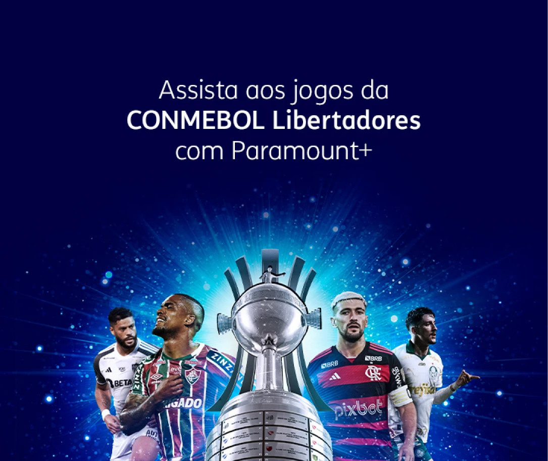 Montagem de jogadores de futebol e taça da Libertadores, com jogos disponíveis na Paramount Plus