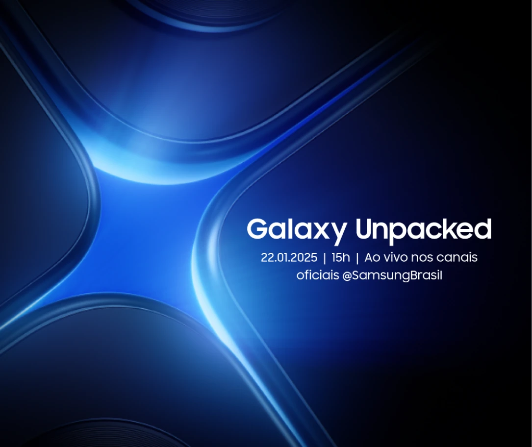 Convite para o Galaxy Unpacked, em 22.01.2025 às 15h, transmitido ao vivo nos canais oficiais.