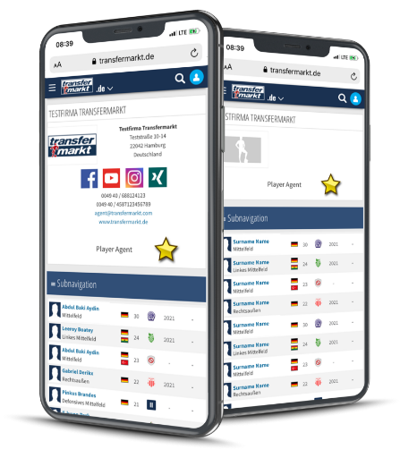 transfermarkt website on two smartphones