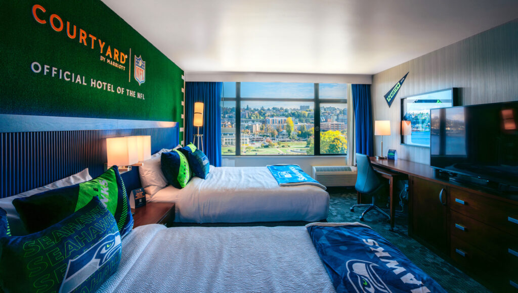 A Courtyard by Marriott fan room decorated in support of the Seattle Seahawks