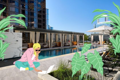 photo illustration of woman working by the hotel pool