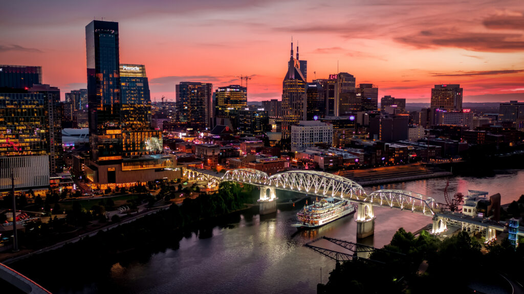 aerial view of Nashville, Tennessee, skyline in the evening