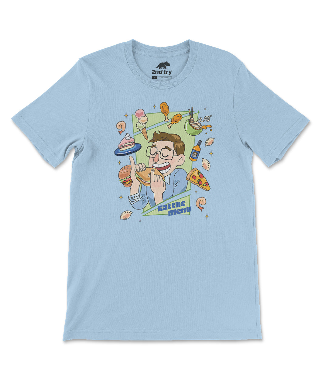 A light blue t-shirt with a design of Keith eating a sandwich while surrounded by a bounty of floating food. From the Try Guys.