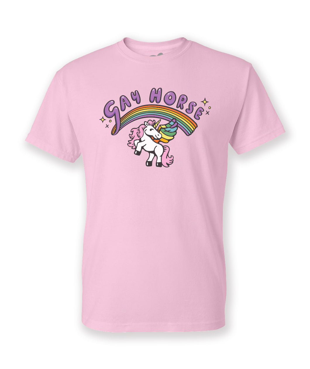 A pink t-shirt with a design of Eugene's Gay Horse creation from Without Instructions. The design features a rainbow wordmark that reads "Gay Horse" and an illustration of a sassy unicorn with wings. From Try Guys.