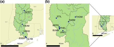 The Connecticut River watershed (green) with a five sites along the... | Download Scientific Diagram