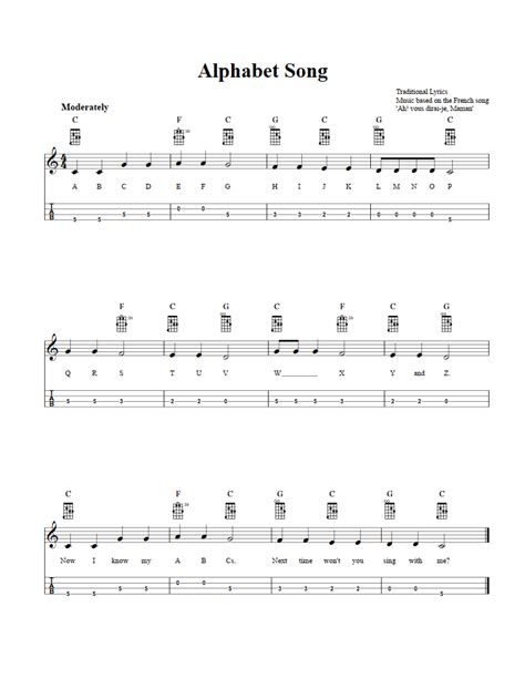 Alphabet Song - Easy Mandolin Sheet Music and Tab with Chords and Lyrics