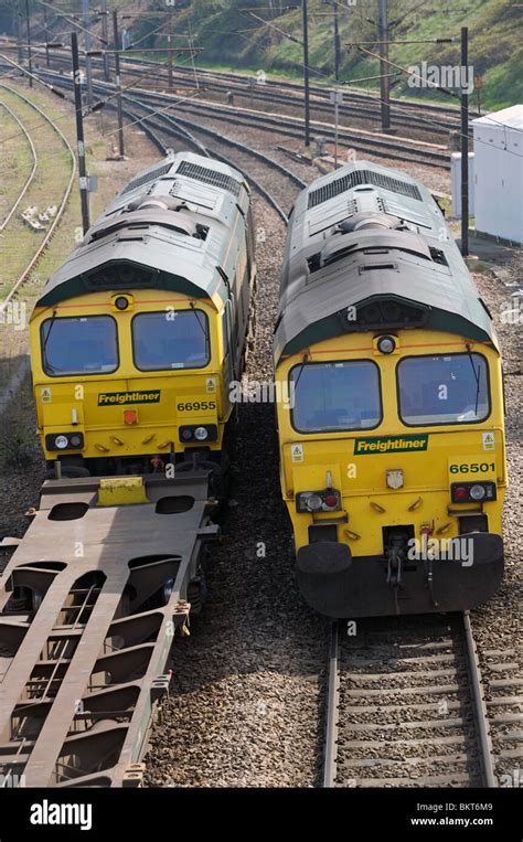 Freightliner class 66 diesel locomotives on a passing loop, East Suffolk junction, Ipswich, UK ...