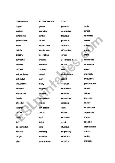 English worksheets: Positive adjectives list