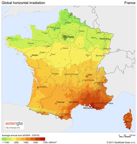 Solar Radiation Map of France - france • mappery