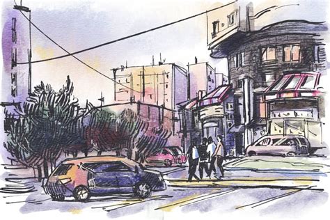 City Landscape. Sketch Ink and Watercolor Stock Illustration - Illustration of road, painting ...