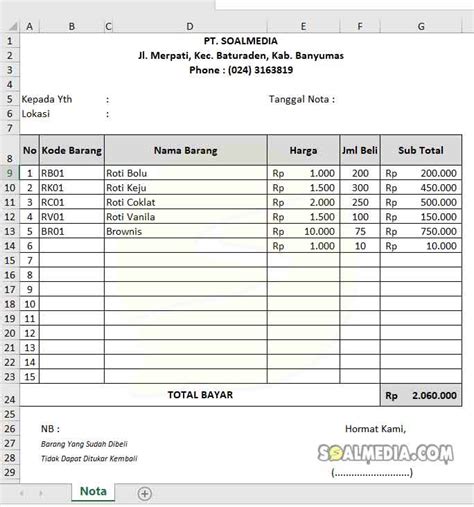 Cara Membuat Nota Penjualan di Excel + Template | Soalmedia.com