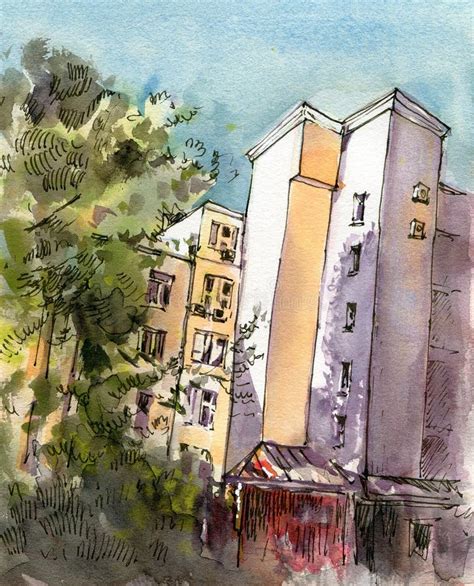 City Landscape. Sketch Ink and Watercolor Stock Illustration - Illustration of creative ...