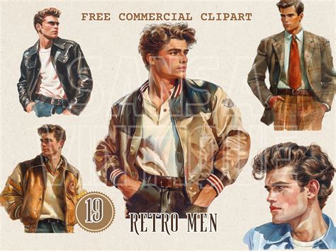 1950s Men Fashion Clothes Watercolor Clipart, Retro Fashion Menswear Free Commercial PNG Set ...