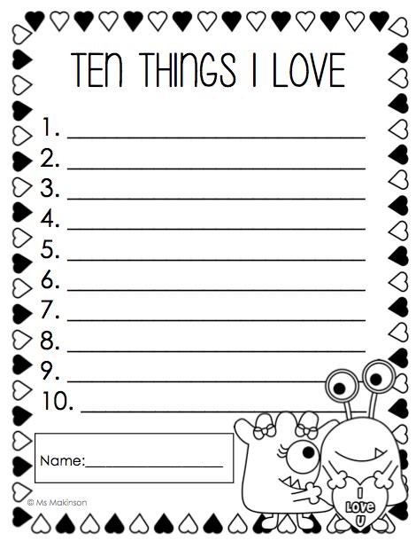 Valentines Day Ten Things I Love List Writing Template