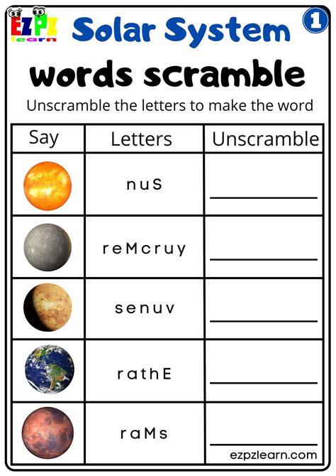 Solar System Word Scramble Worksheet 1 For Kids