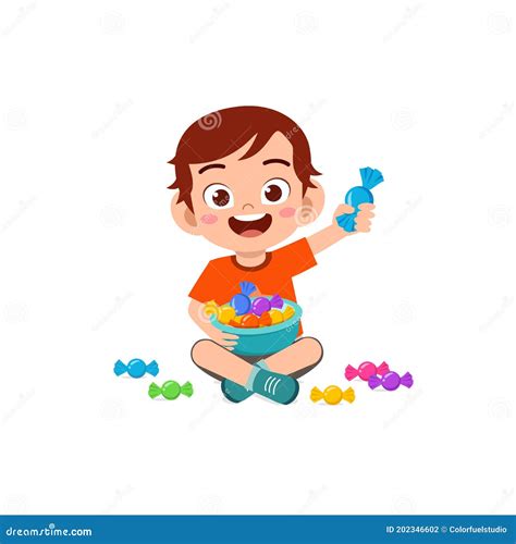 Happy Cute Little Kid Boy And Girl Eat Candy And Sweets Stock Vector