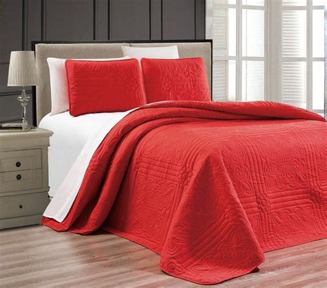 Twin Xl Full Queen Cal King Size Bed Solid Red 3 Pc Quilt Set Coverlet