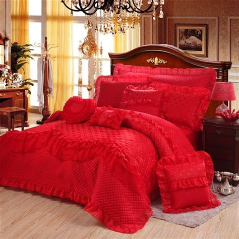 Solid Crimson Red Quilted Lattice Frilly Ruffle Victorian Lace