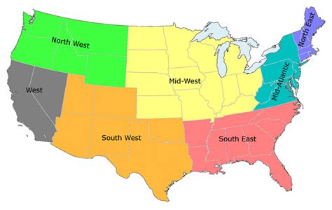 5 Regions Of The United States Printable Map