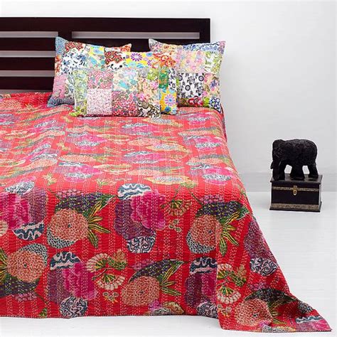 Queen Size Red Floral Bedspread Bedding Queen Blanket Bedding Kantha