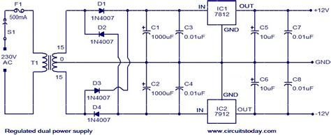 Dual Power Supply Circuit 12 Volt Regulated Power Supplydiagram