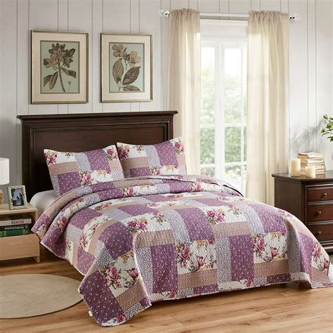 Light Purple Flowers Printed 3 Piece Quilt Bedding Set Fullqueen Size