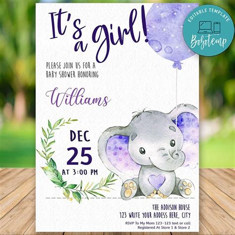 Come and visit our site, already thousands of classified ads await you. Editable It's a Girl Elephant Baby Shower Invitation DIY ...