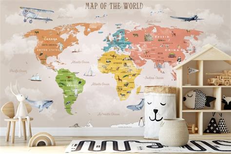 Colorful Kids World Map Wallpaper Mural Wallpaper • Wallmur®