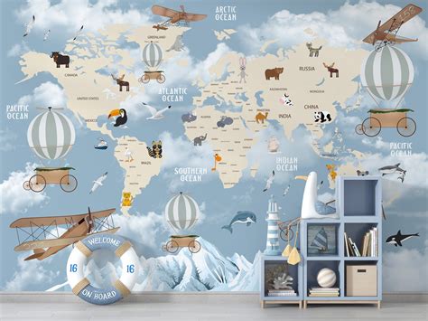 Kids Map Wallpaper World Map Kids Room Wallpaper Children Etsy