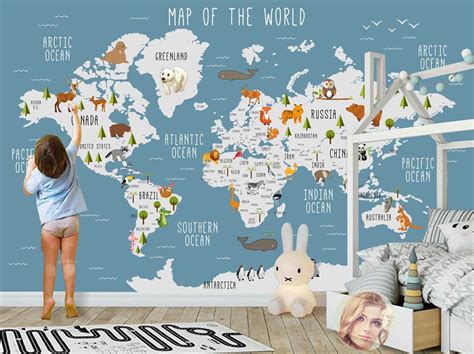 World Map Wall Mural Children Map With Animal Map Wallpaper Etsy Uk