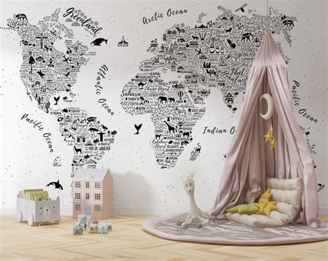 Kids World Map Wallpaper Nursery Wall Mural Typographic Etsy Uk