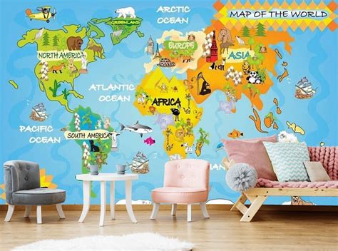 Custom Kids World Map Wallpaper For Childrens Room Wall Mural Etsy