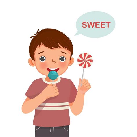 Cute Little Boy Holding Lollipop Candy Showing Sweet Taste Of Tongue