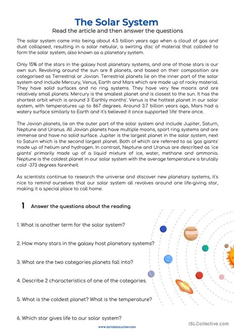 Solar System Reading Comprehension Worksheets