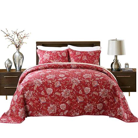 Hnnsi 3 Pieces Quilt Comforter Sets Queen Size 3 Pcs Red Flower