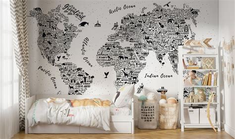 Kids World Map Wallpaper Nursery Wall Mural Typographic Etsy Uk