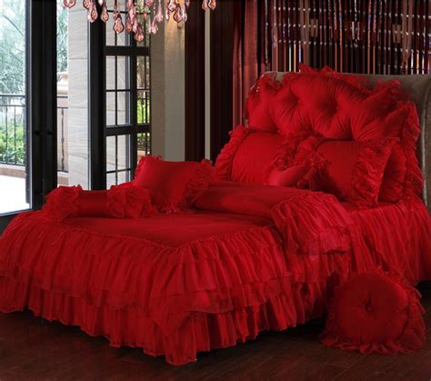 Princess Lace Ruffle Bedspread Red Bedding Sets Queen Size 4pcs Solid