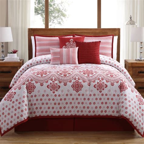 Queen King Size Bed Red White Abstract Floral Stripe 7 Pc Comforter Set